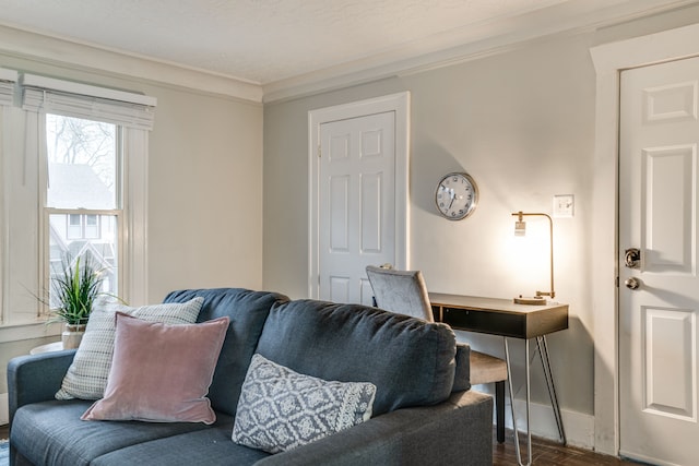 17215 Warrington Dr, Detroit, MI 48221 - living area with baseboards, ornamental molding, and dark wood-style flooring