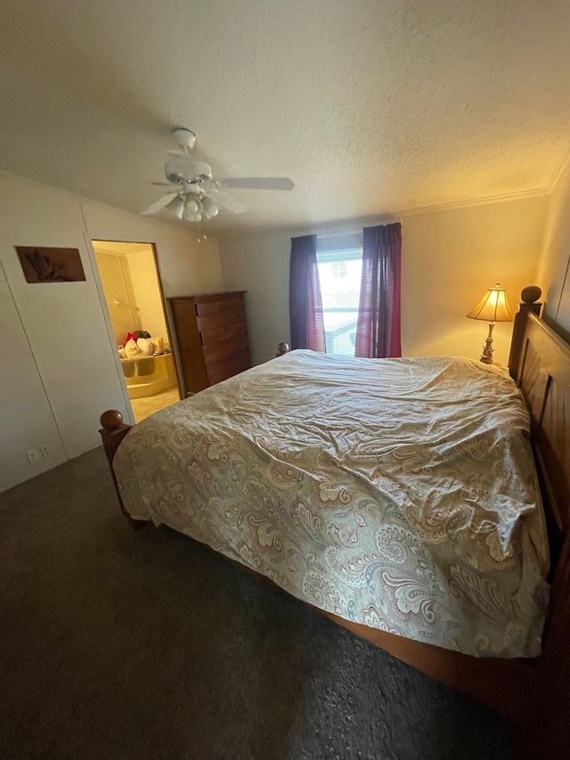 bedroom with carpet floors, a ceiling fan, and a textured ceiling