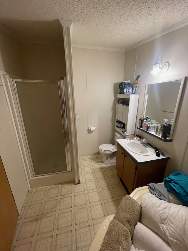 full bath with toilet, tile patterned floors, a shower stall, and vanity