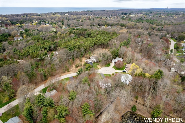 aerial view featuring a water view and a view of trees