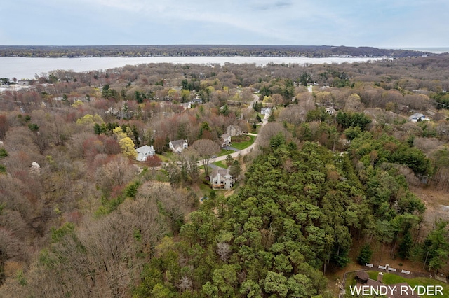 birds eye view of property featuring a water view and a wooded view