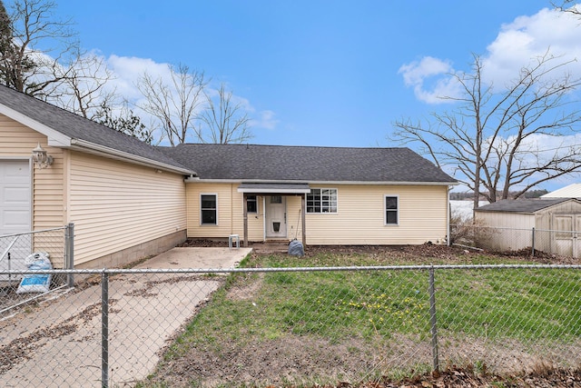 ranch-style home with a fenced backyard, a patio, and a front lawn