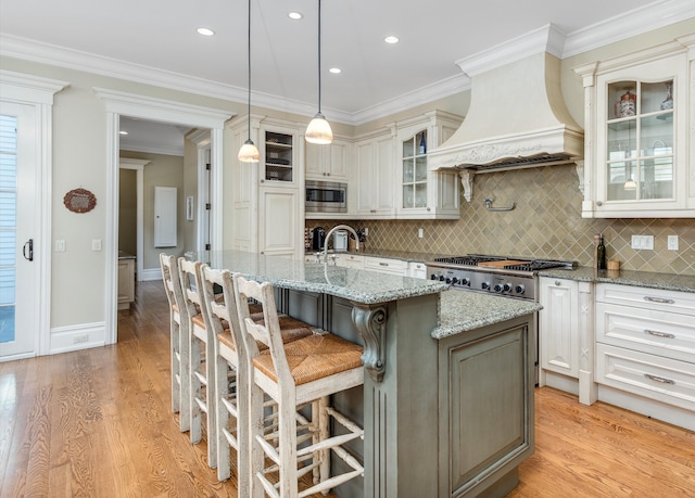 kitchen featuring tasteful backsplash, a kitchen island with sink, stainless steel appliances, custom range hood, and light wood-type flooring