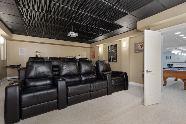 carpeted home theater room with baseboards and billiards
