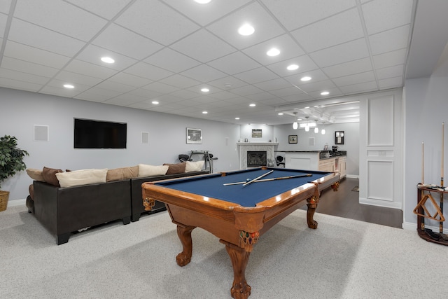 game room with carpet flooring, bar, recessed lighting, baseboards, and billiards