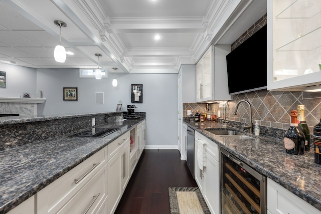 kitchen featuring dark wood finished floors, dishwasher, a sink, wine cooler, and dark stone counters
