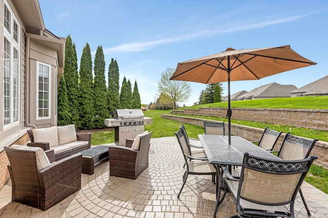 view of patio / terrace with an outdoor hangout area, outdoor dining space, and a grill