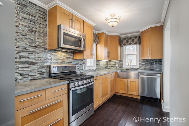 1355 Middle Ln, Battle Creek, MI 49014 - kitchen with stainless steel appliances, dark wood-type flooring, light countertops, tasteful backsplash, and ornamental molding