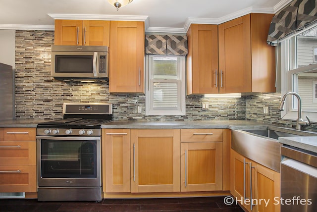1355 Middle Ln, Battle Creek, MI 49014 - kitchen featuring stainless steel appliances, crown molding, tasteful backsplash, and dark wood-type flooring
