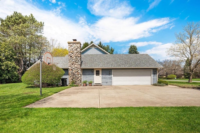 view of front of house featuring driveway, a chimney, roof with shingles, a front yard, and an attached garage