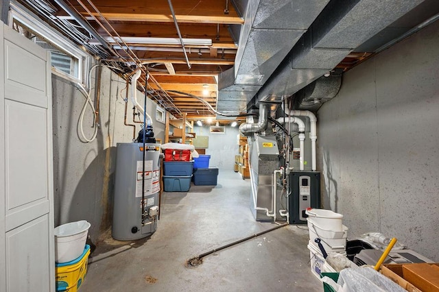 unfinished basement featuring water heater and heating unit