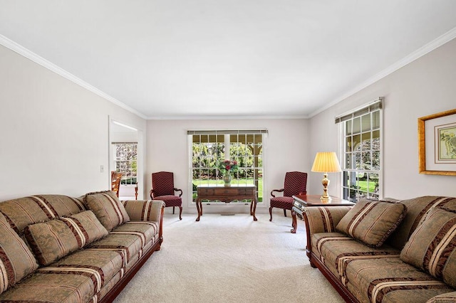 living room featuring ornamental molding, light carpet, and plenty of natural light