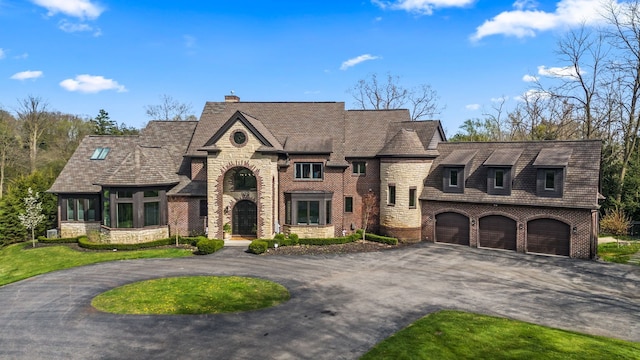 view of front of home featuring a garage, stone siding, curved driveway, a chimney, and brick siding