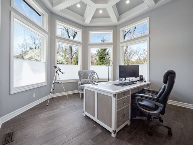 office with visible vents, baseboards, a towering ceiling, and beamed ceiling