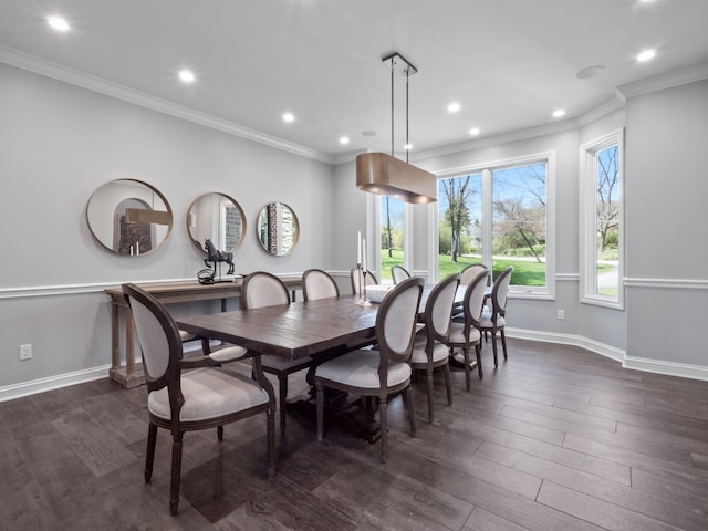 dining room with recessed lighting, baseboards, ornamental molding, and dark wood-style floors