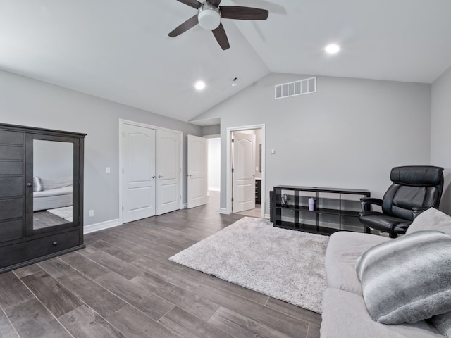 living area with visible vents, a ceiling fan, lofted ceiling, and recessed lighting
