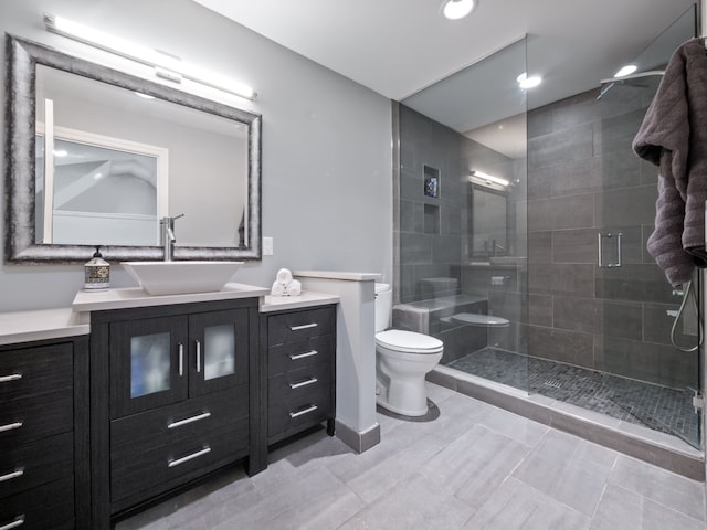 full bathroom with vanity, recessed lighting, toilet, and a shower stall