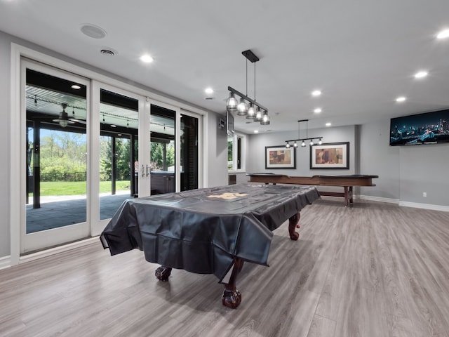 game room featuring billiards, baseboards, recessed lighting, and wood finished floors