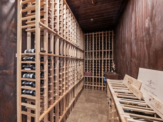 wine area featuring wooden ceiling