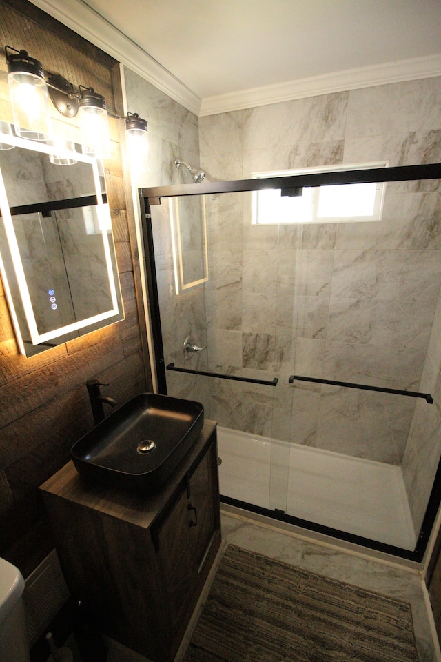 1068 La Salle Ave, Waterford, MI 48328 - full bathroom with vanity, toilet, a shower stall, and ornamental molding