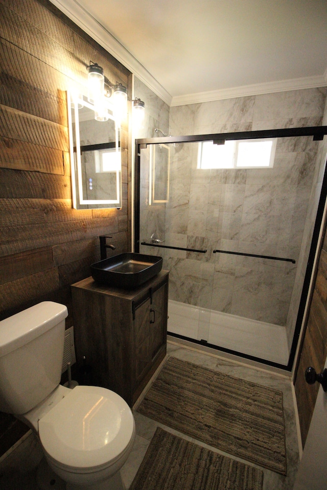 1068 La Salle Ave, Waterford, MI 48328 - bathroom with toilet, vanity, ornamental molding, and a stall shower