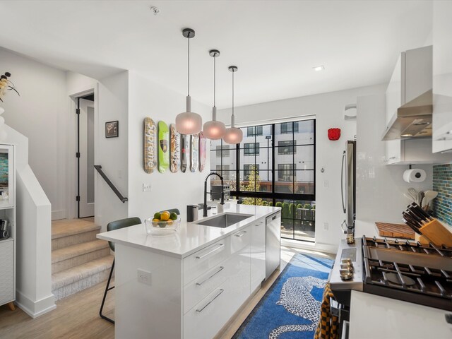 kitchen with appliances with stainless steel finishes, modern cabinets, a sink, ventilation hood, and white cabinetry