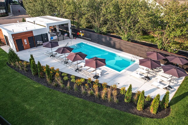 view of swimming pool with a lawn
