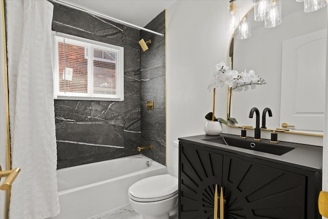 full bathroom with vanity, shower / bath combination with curtain, and toilet
