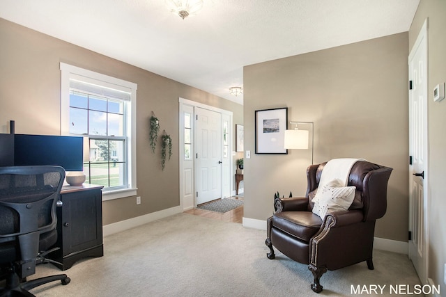 carpeted foyer entrance featuring baseboards