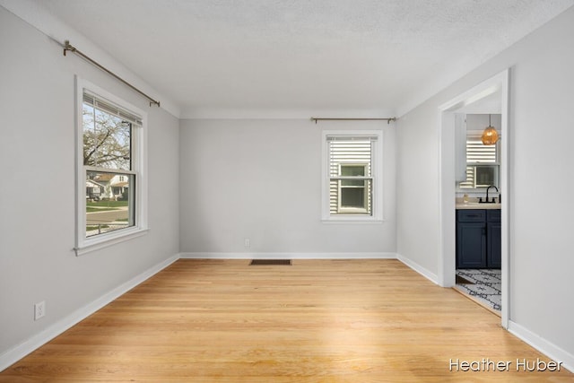 empty room featuring baseboards, plenty of natural light, and light wood finished floors