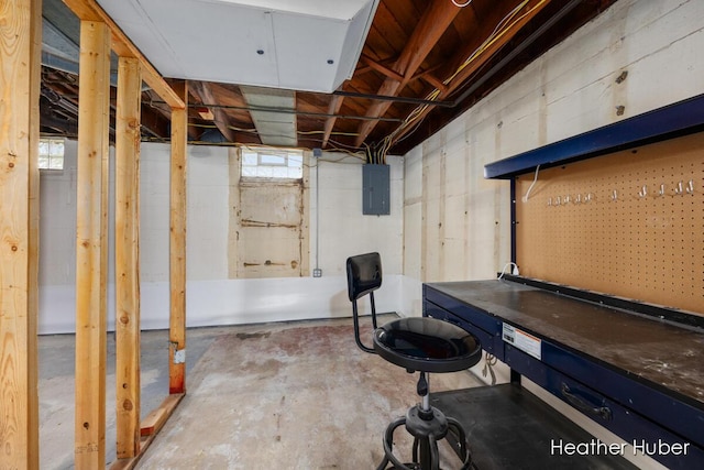 basement with a healthy amount of sunlight, a workshop area, and electric panel