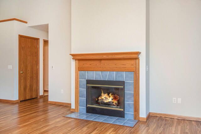 details with baseboards, wood finished floors, and a fireplace