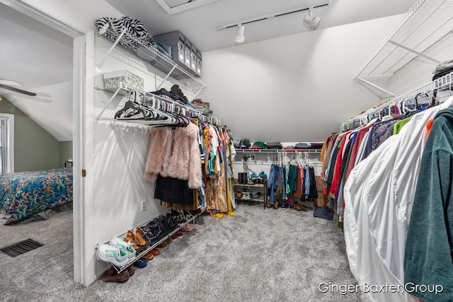 spacious closet with visible vents, a ceiling fan, carpet, and vaulted ceiling