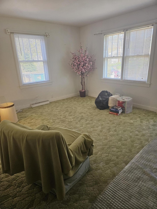 interior space featuring baseboard heating and carpet flooring