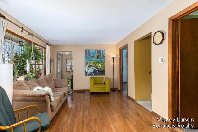 living area featuring baseboards and wood finished floors