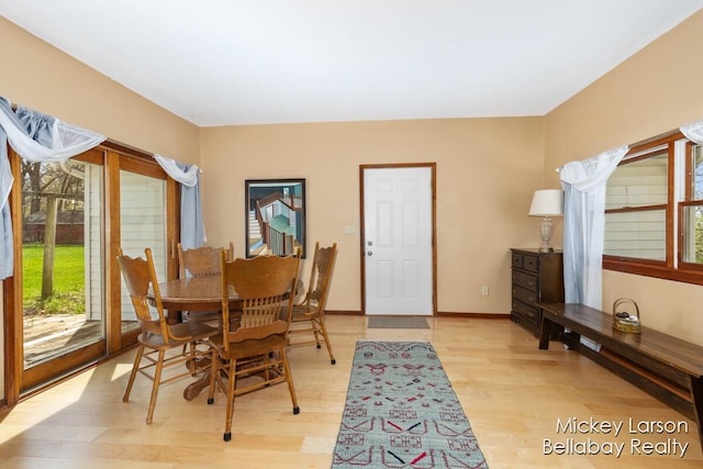 dining area featuring light wood-style floors and baseboards