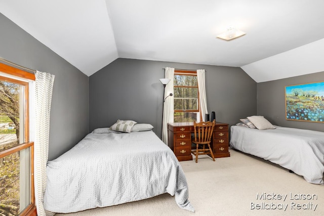 carpeted bedroom featuring lofted ceiling