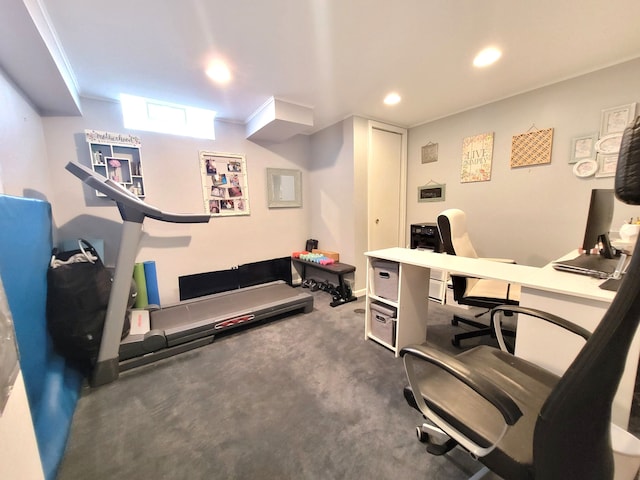 home office featuring carpet floors, recessed lighting, and crown molding