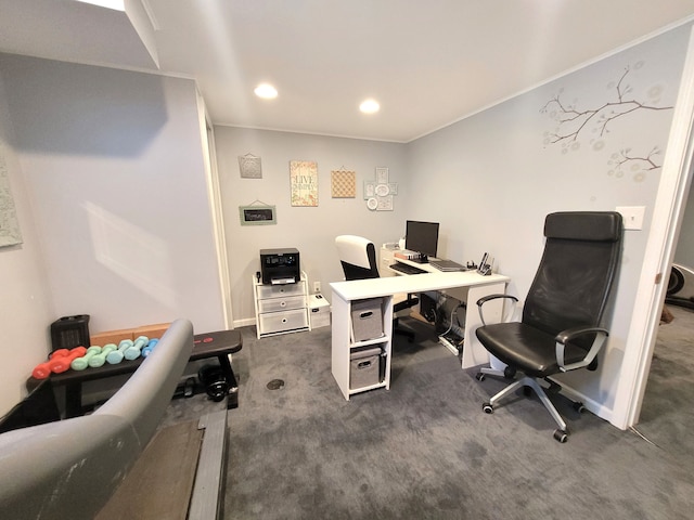 office area with dark colored carpet, recessed lighting, and baseboards