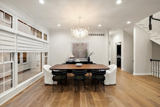 dining area featuring recessed lighting, baseboards, stairway, and light wood-style floors