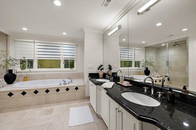 bathroom with a garden tub, a sink, and a healthy amount of sunlight