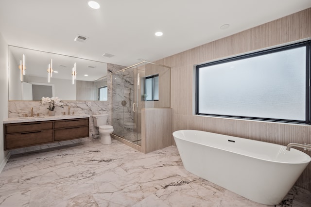 21725 Normandale St, Beverly Hills, MI 48025 - full bathroom with toilet, tile walls, a marble finish shower, a freestanding bath, and double vanity