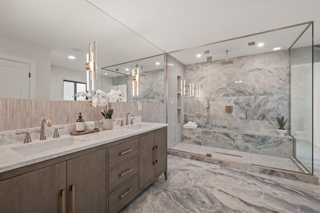 21725 Normandale St, Beverly Hills, MI 48025 - full bathroom featuring tile walls, a marble finish shower, double vanity, marble tiled flooring, and recessed lighting