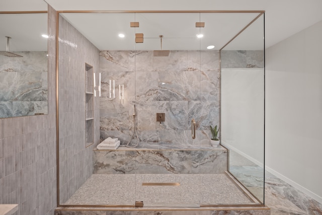 21725 Normandale St, Beverly Hills, MI 48025 - full bath with a marble finish shower, marble tiled floors, and recessed lighting