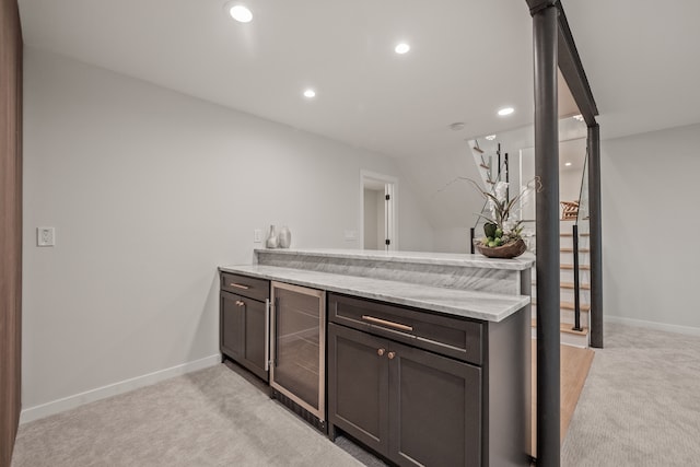 21725 Normandale St, Beverly Hills, MI 48025 - bar with light colored carpet, beverage cooler, baseboards, and recessed lighting