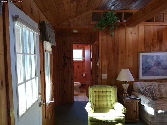 2305 Ridge Rd, White Lake, MI 48383 - sitting room with wooden ceiling, wooden walls, and vaulted ceiling
