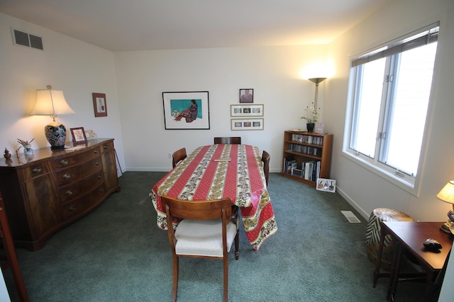 bedroom with visible vents, baseboards, and dark colored carpet