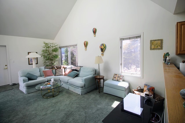 living area featuring carpet floors and high vaulted ceiling