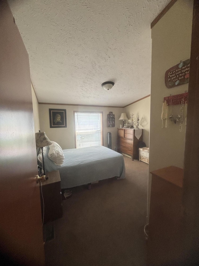 bedroom featuring carpet floors and a textured ceiling
