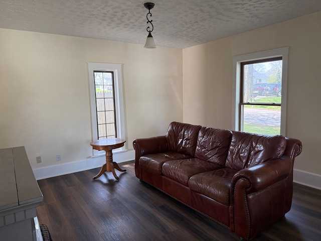 living area with baseboards, a textured ceiling, and wood finished floors